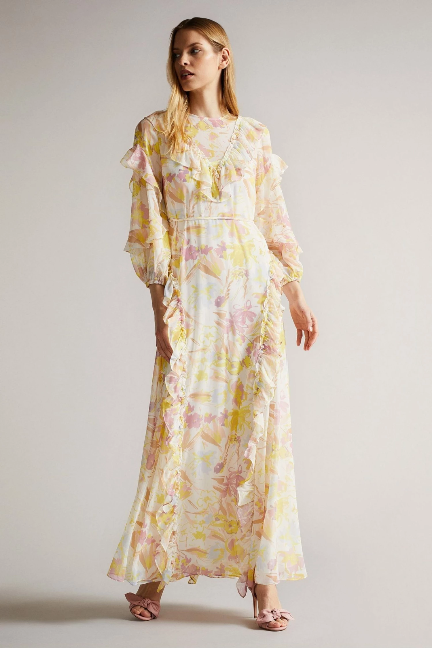 Ted Baker Leyona White Printed Full Sleeve Waterfall Maxi Dress 3 Ted Baker Leyona White Printed Full Sleeve Waterfall Maxi Dress