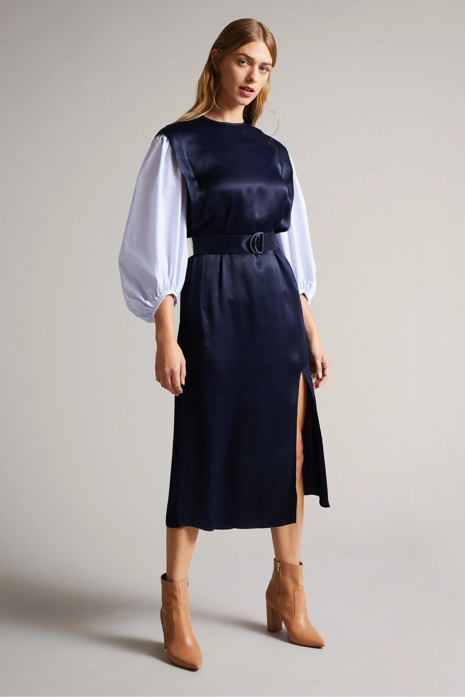 Ted Baker Kaytei Navy Blue Belted Midi Dress With Puff Sleeve 3 Ted Baker Kaytei Navy Blue Belted Midi Dress With Puff Sleeve