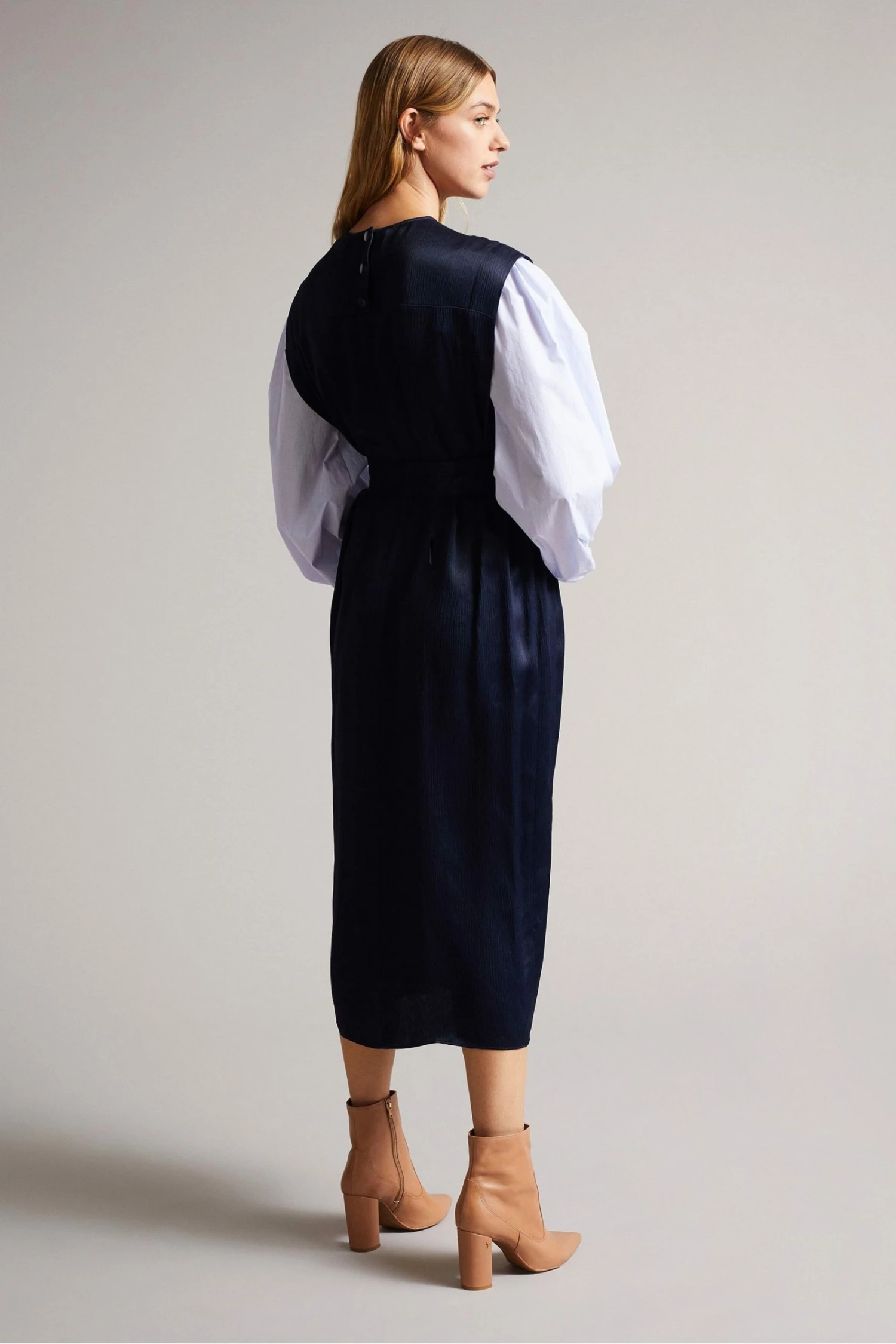 Ted Baker Kaytei Navy Blue Belted Midi Dress With Puff Sleeve 4 Ted Baker Kaytei Navy Blue Belted Midi Dress With Puff Sleeve - Image 2