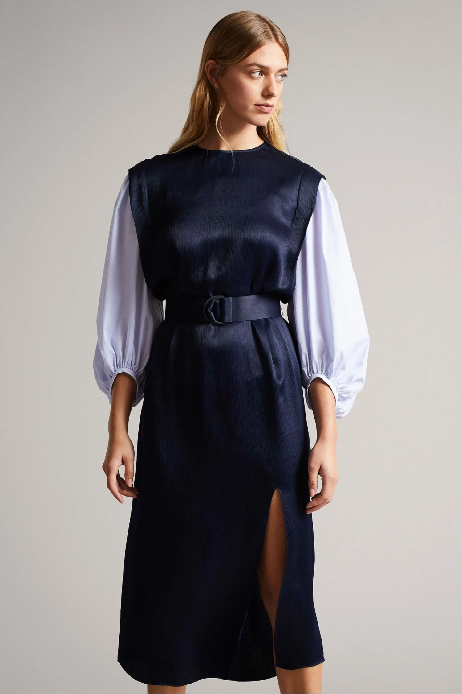 Ted Baker Kaytei Navy Blue Belted Midi Dress With Puff Sleeve 5 Ted Baker Kaytei Navy Blue Belted Midi Dress With Puff Sleeve - Image 3