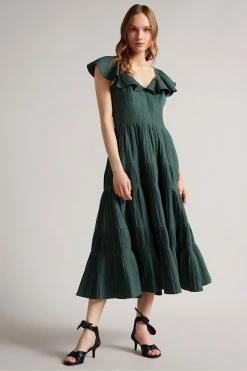 Ted Baker Teal-Blue Iveth Exaggerated Ruffle Midi Dress