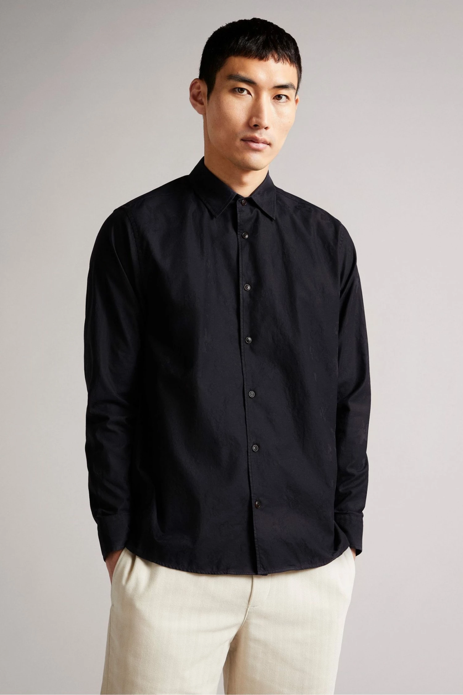 Ted Baker Black Onested Long Sleeve Floral Jacquard Shirt 3 Ted Baker Black Onested Long Sleeve Floral Jacquard Shirt