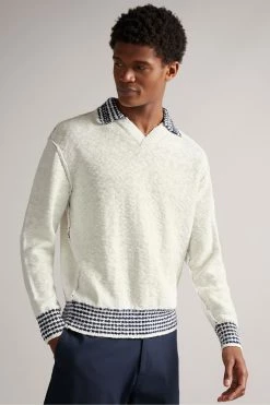 Ted Baker Cream Burlee Long Sleeve Open Striped Collar Crew Shirt