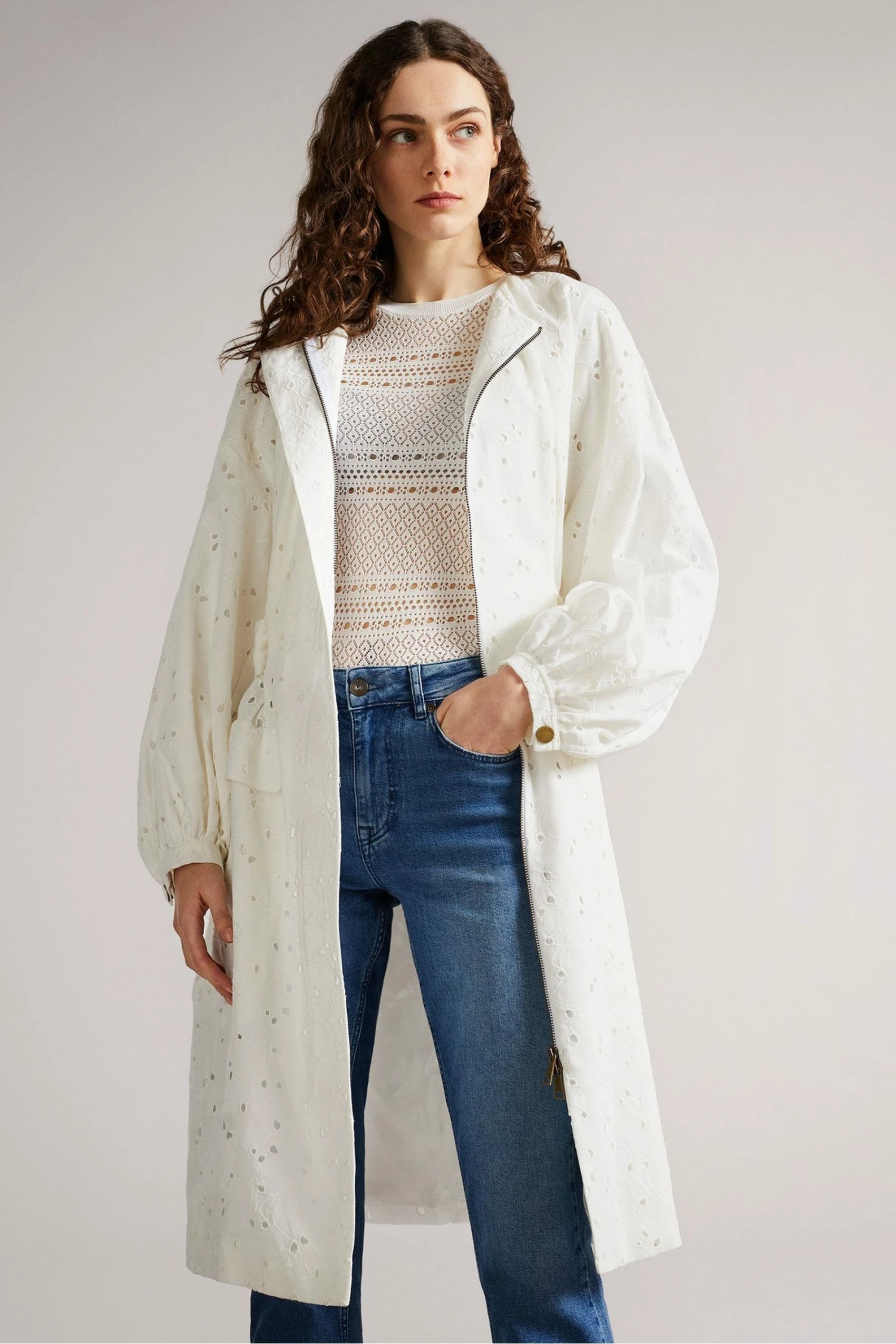 Ted Baker Xandie White Collarless Ottoman Broderie Mac Jacket 4 Ted Baker Xandie White Collarless Ottoman Broderie Mac Jacket - Image 2