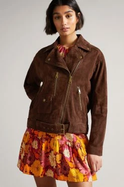 Ted Baker Oversized Tiffniy Dk-Brown Suede Biker Jacket