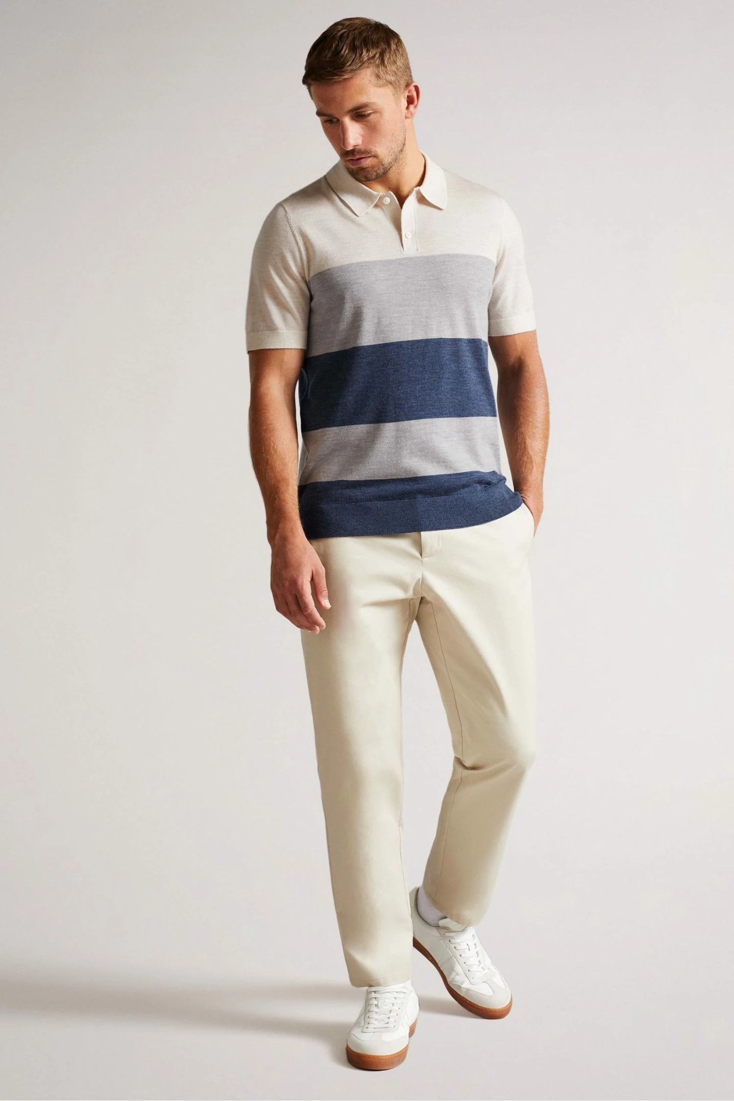 Ted Baker Cove Ecru White Multi Striped Merino Polo Shirt 5 Ted Baker Cove Ecru White Multi Striped Merino Polo Shirt - Image 3