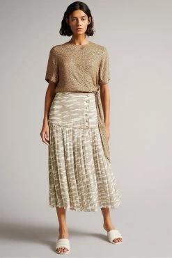 Ted Baker Brown Zebra Camel Dropped Waist Pleated Midi Skirt -tedbaker Shop Online unnamed file 5728