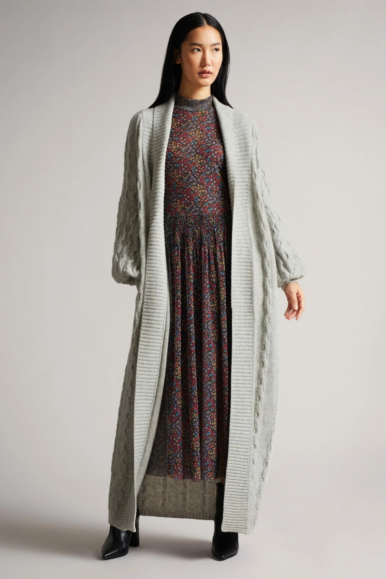 Ted Baker Sallly Mid-Grey Extreme Sleeve Cable Knit Cardigan 2 Ted Baker Sallly Mid-Grey Extreme Sleeve Cable Knit Cardigan