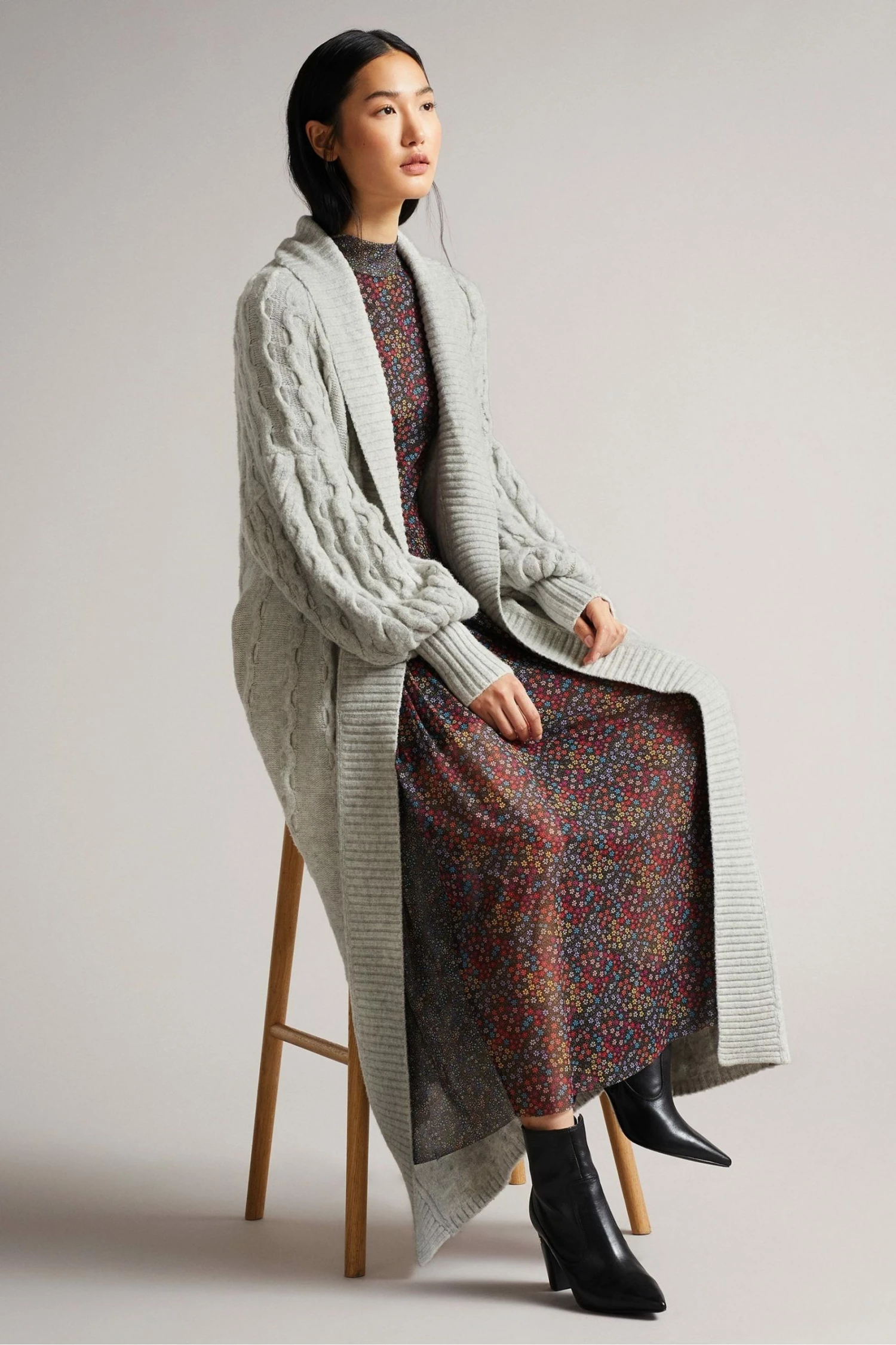 Ted Baker Sallly Mid-Grey Extreme Sleeve Cable Knit Cardigan 4 Ted Baker Sallly Mid-Grey Extreme Sleeve Cable Knit Cardigan - Image 3